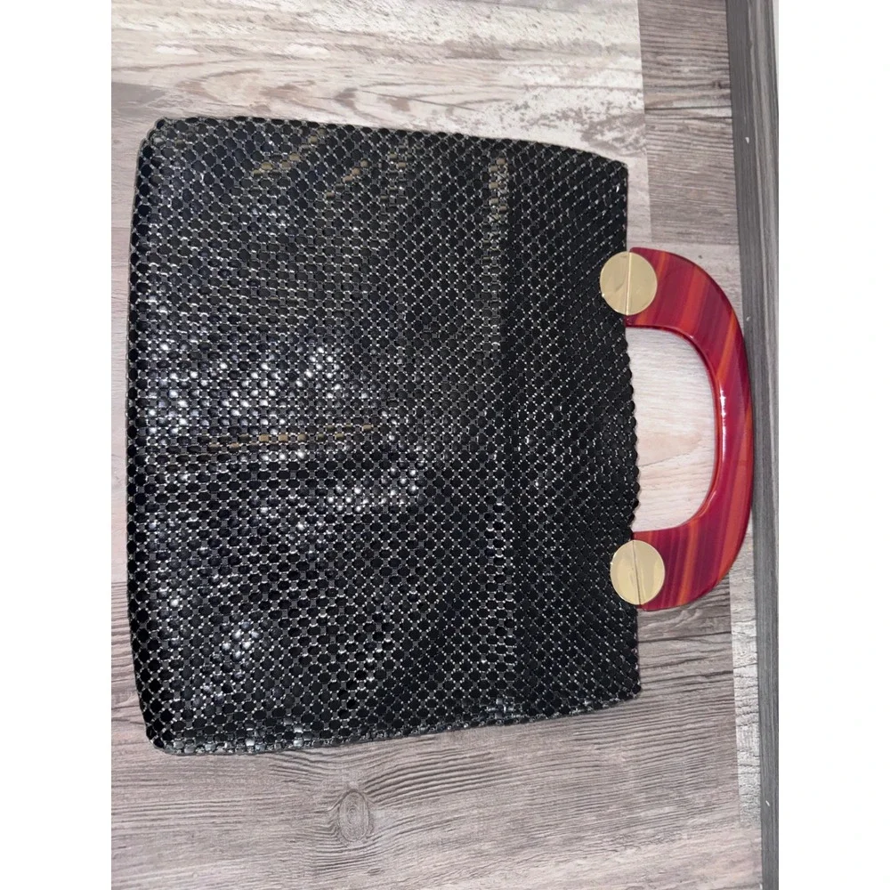 Whiting and Davis Black Metal Mesh Handbag Red Lucite Handle Vintage USA Made